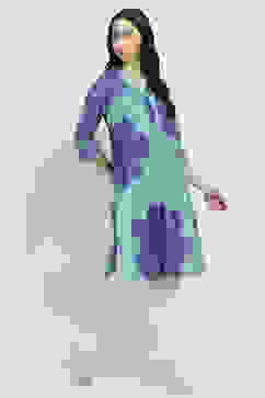 Teal Cotton Floral Straight Kurta image number 4