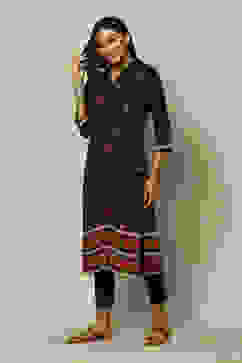 Black LIVA Straight Printed Kurta image number 2