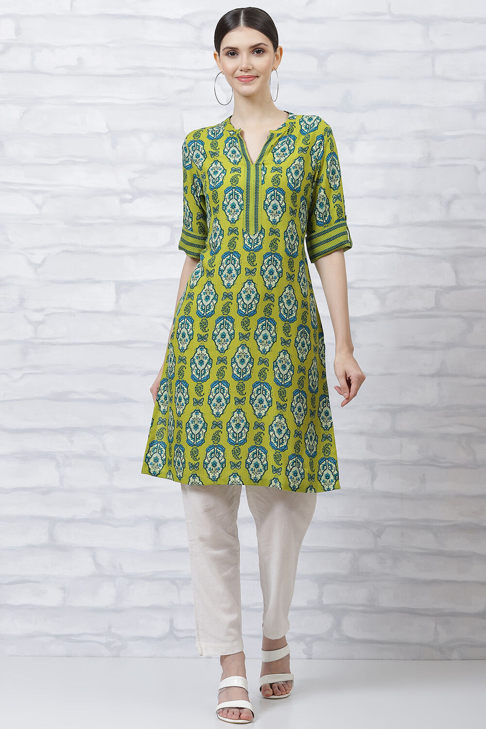 Lime Green LIVA Straight Kurta image number 5
