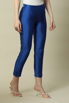 Coblt Blue Polyester Slim Solid Pants image number 3