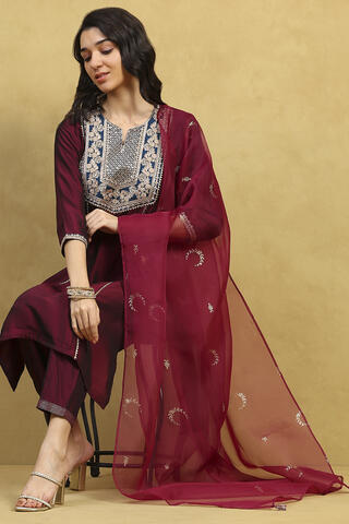 Rangriti Wine Polyester Blend Solid Straight Kurta Set in Wine