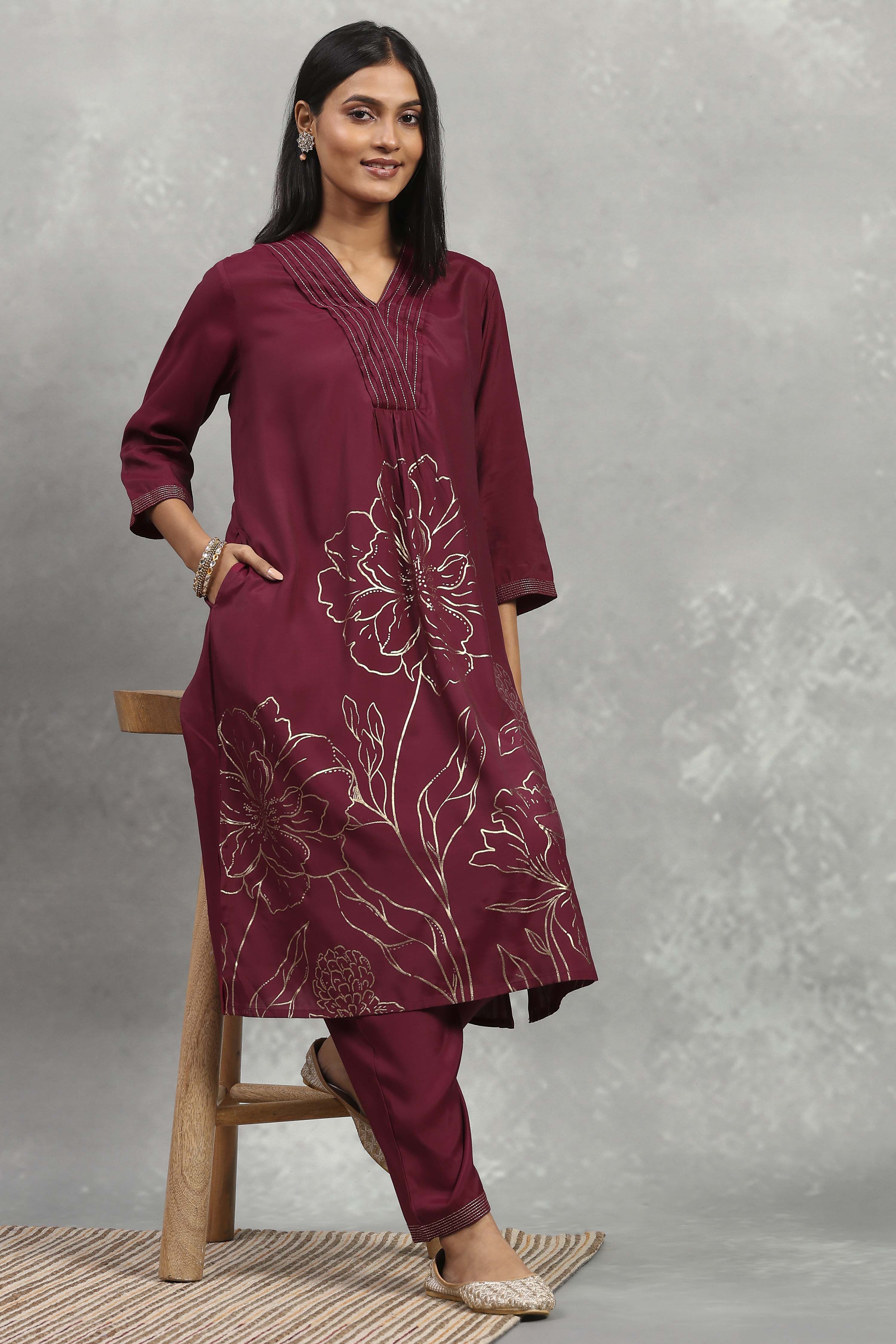 Purple Viscose Rayon Printed A-Line Kurta Pants Set image number 0