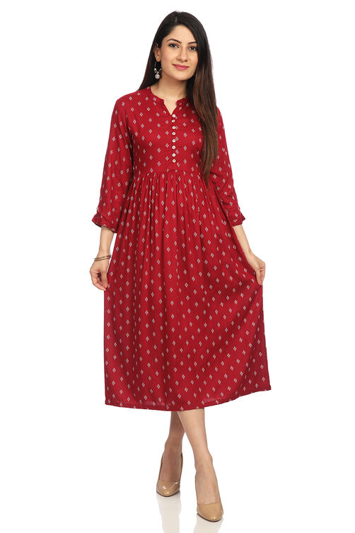 Maroon Flared Viscose Dress image number 5