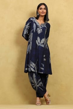 Indigo Blue Viscose Blend Printed Kalidar Kurta Pants Set image number 0