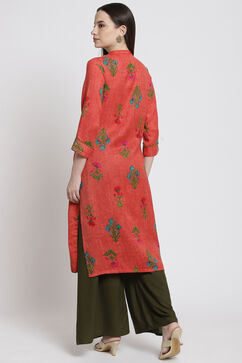 Peach Poly Cotton Straight Kurta image number 4