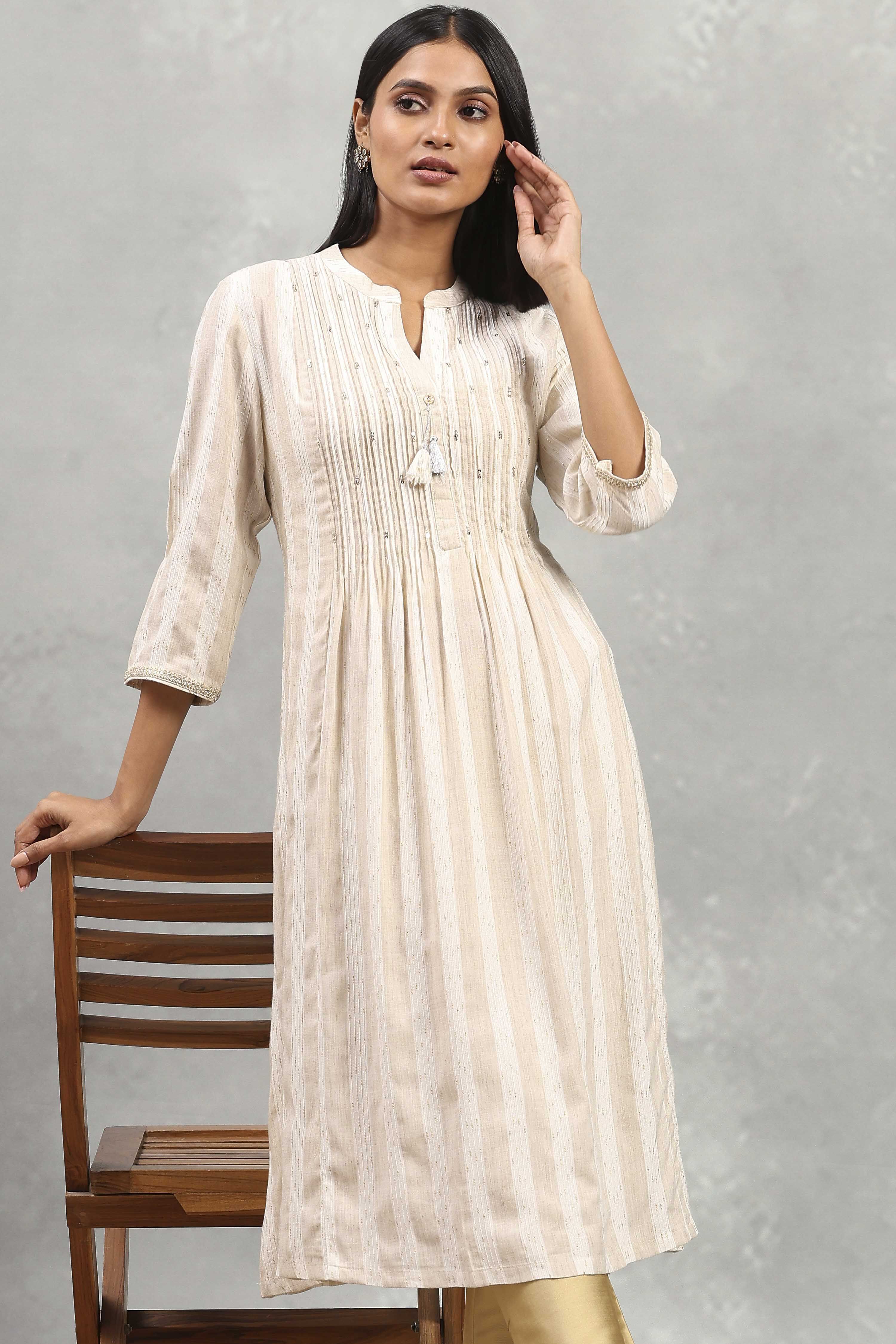 Beige Cotton Yarndyed Straight Kurta image number 6