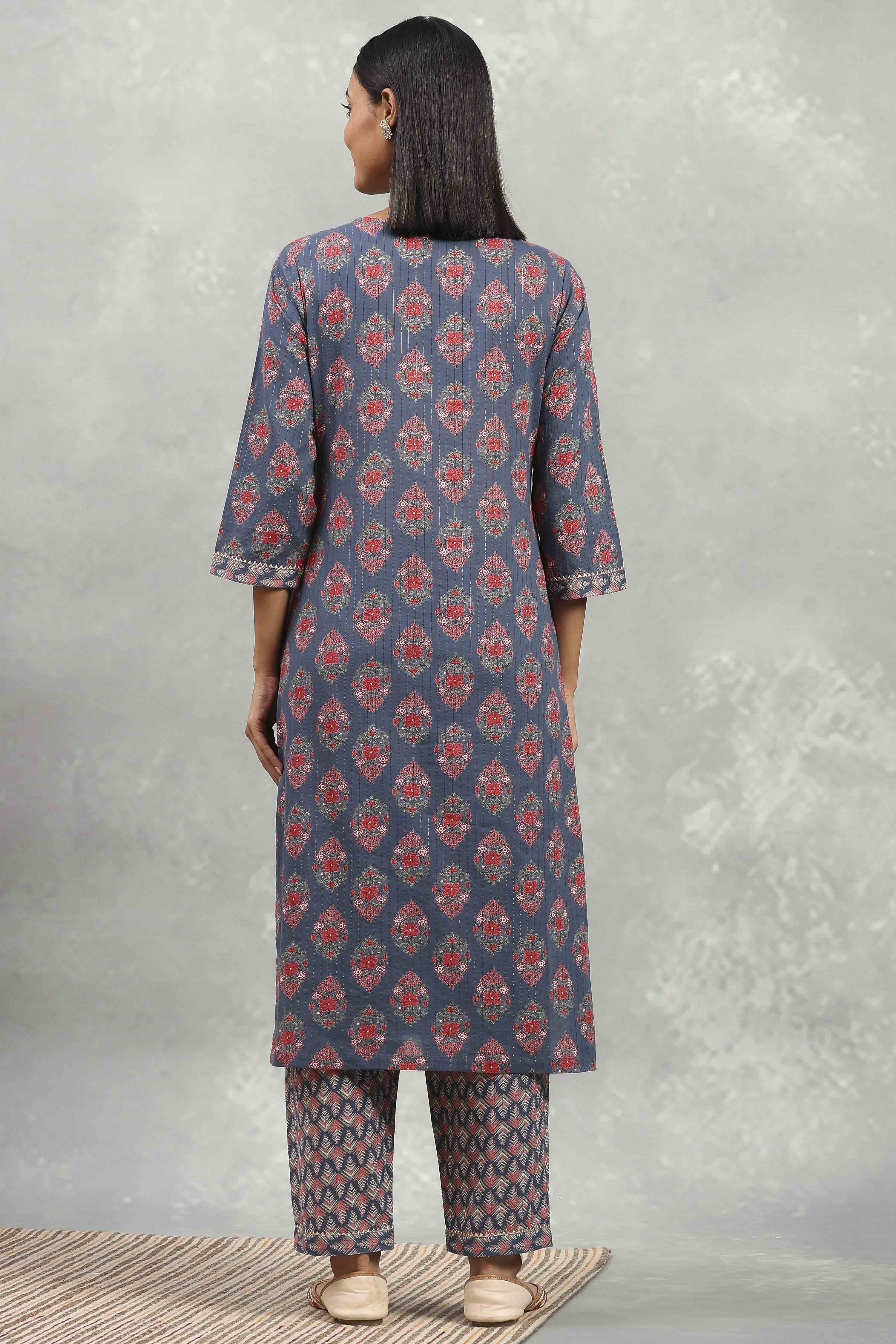 Indigo Cotton Printed Straight Suit Set image number 4