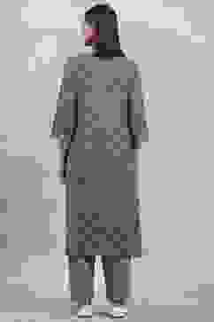 Indigo Cotton Printed Straight Suit Set image number 4