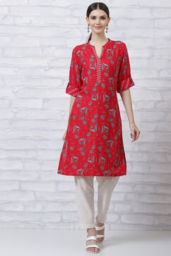 Red LIVA Straight Kurta image number 0