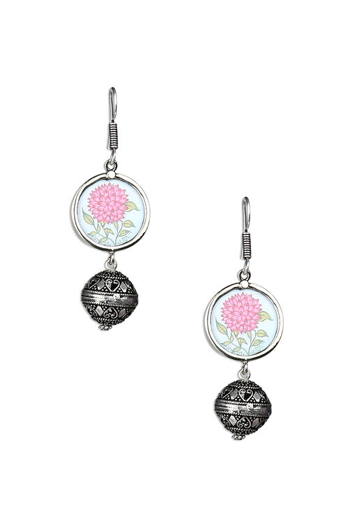 Handpainted Floral Pink Earrings With Filigree Beads image number 1