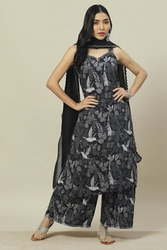 Black LIVA Woven Straight Kurta Suit Set image number 0