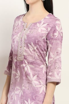 Mauve Cotton Floral Straight Suit Set image number 1