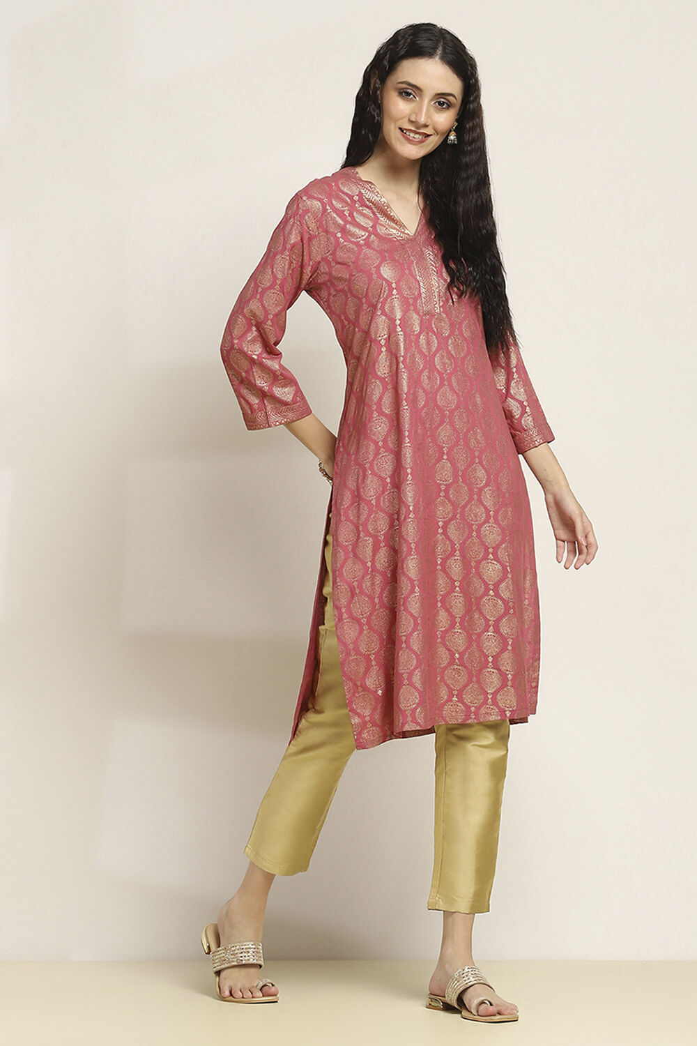 Pink Viscose Blend Printed Straight Kurta image number 4