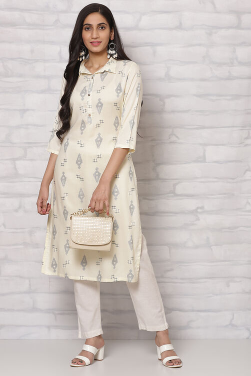 Off White LIVA Straight Kurta image number 5