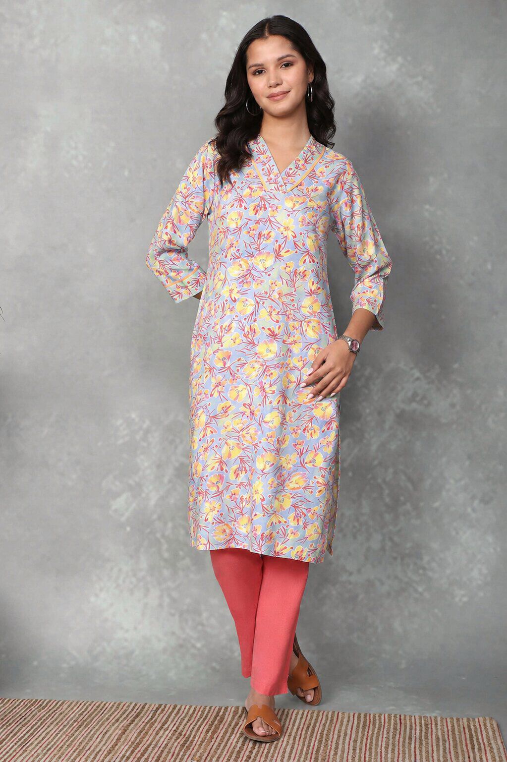 Lavender Printed Straight Kurta image number 0