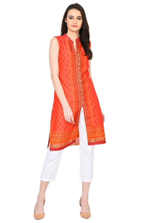 Pink & Orange Straight Polyester Kurta image number 0