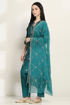 Teal Embroidered Straight Suit Set image number 3