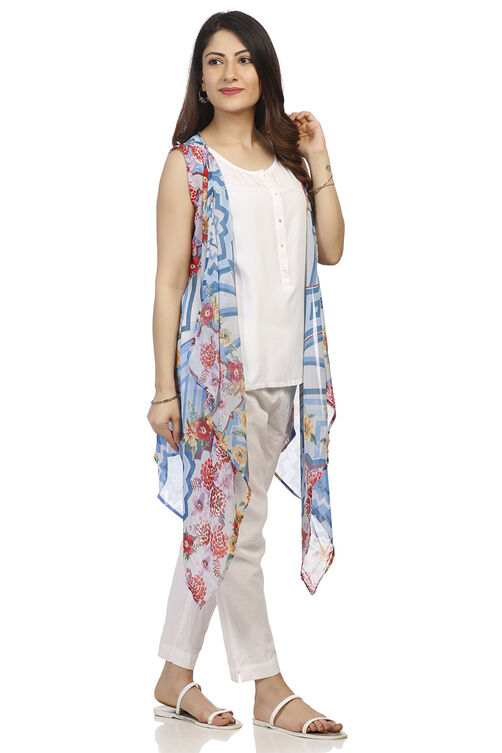 Off White & Blue Front Open Cotton Indie Top image number 2
