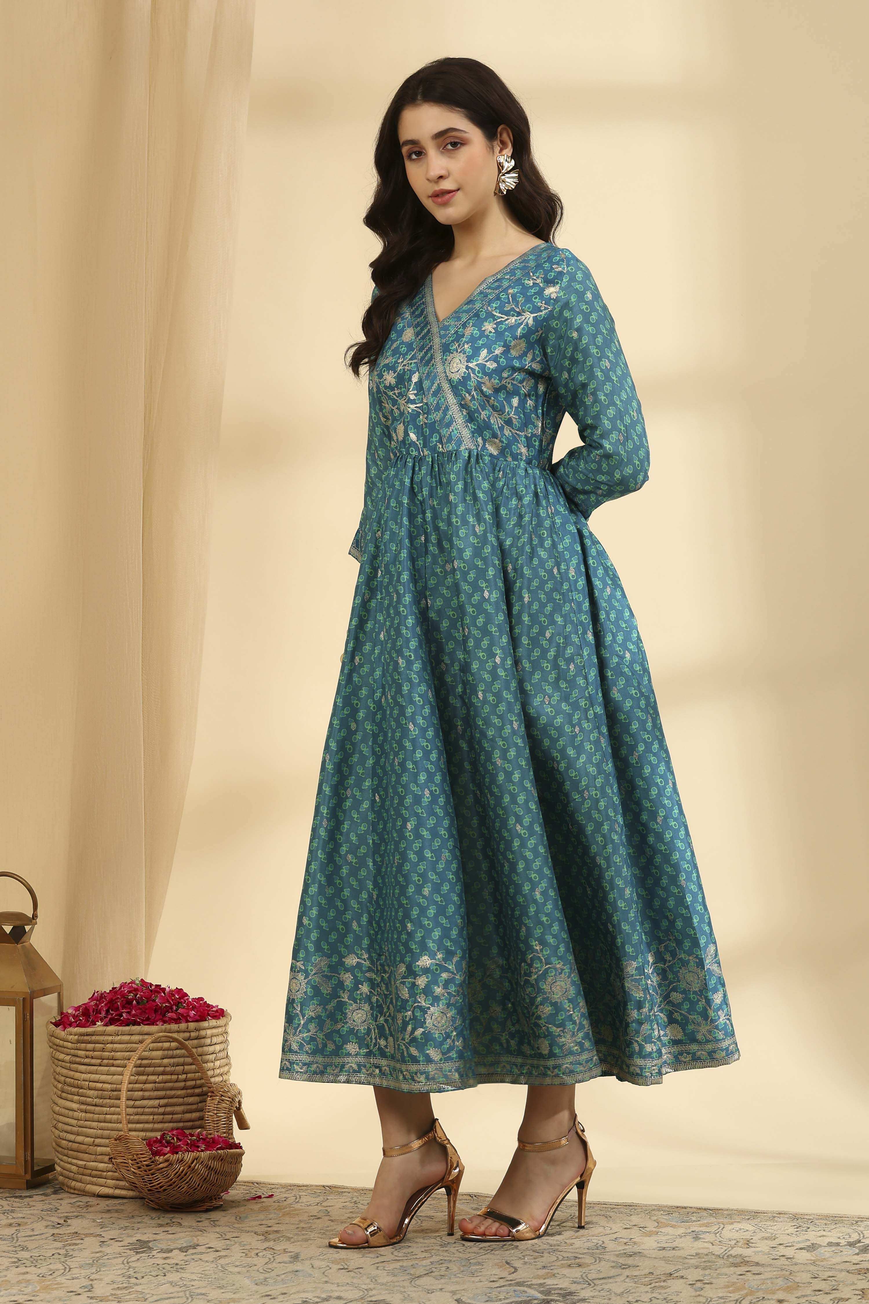Teal Printed Viscose Blend Ethnic Dress image number 2