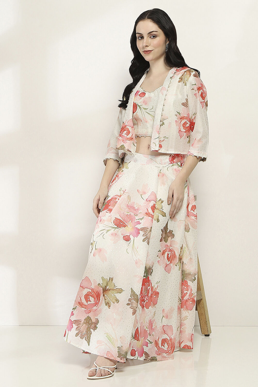 Off White Viscose Blend Skirt Set image number 0