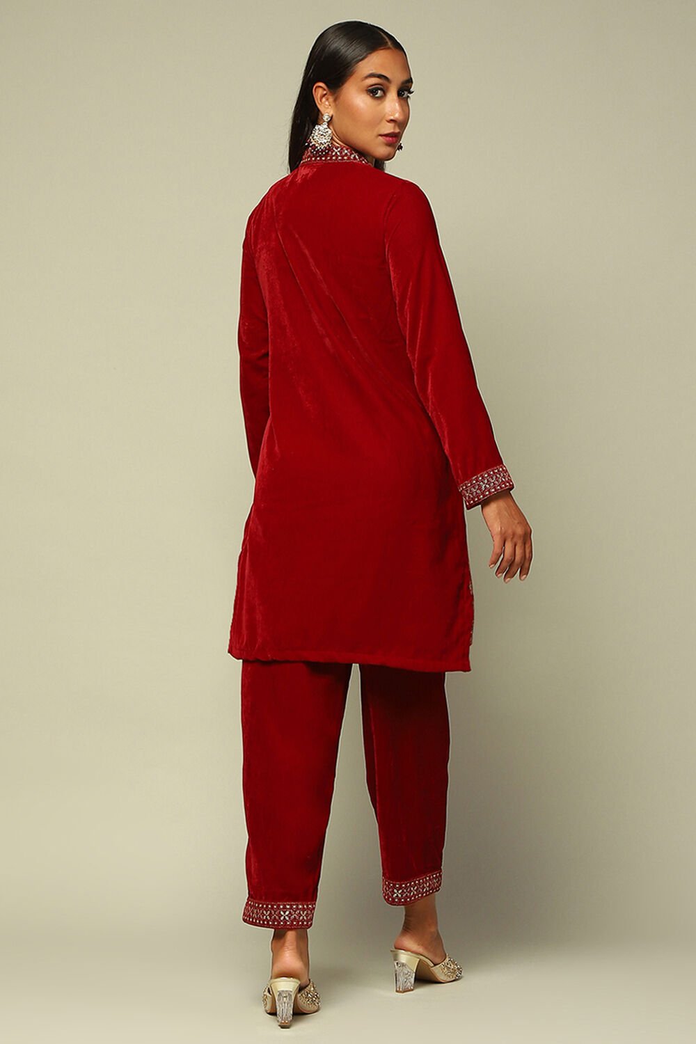 Red Poly Velvet Straight Printed Kurta Palazzo Suit Set image number 4