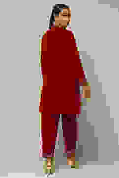 Red Poly Velvet Straight Printed Kurta Palazzo Suit Set image number 4