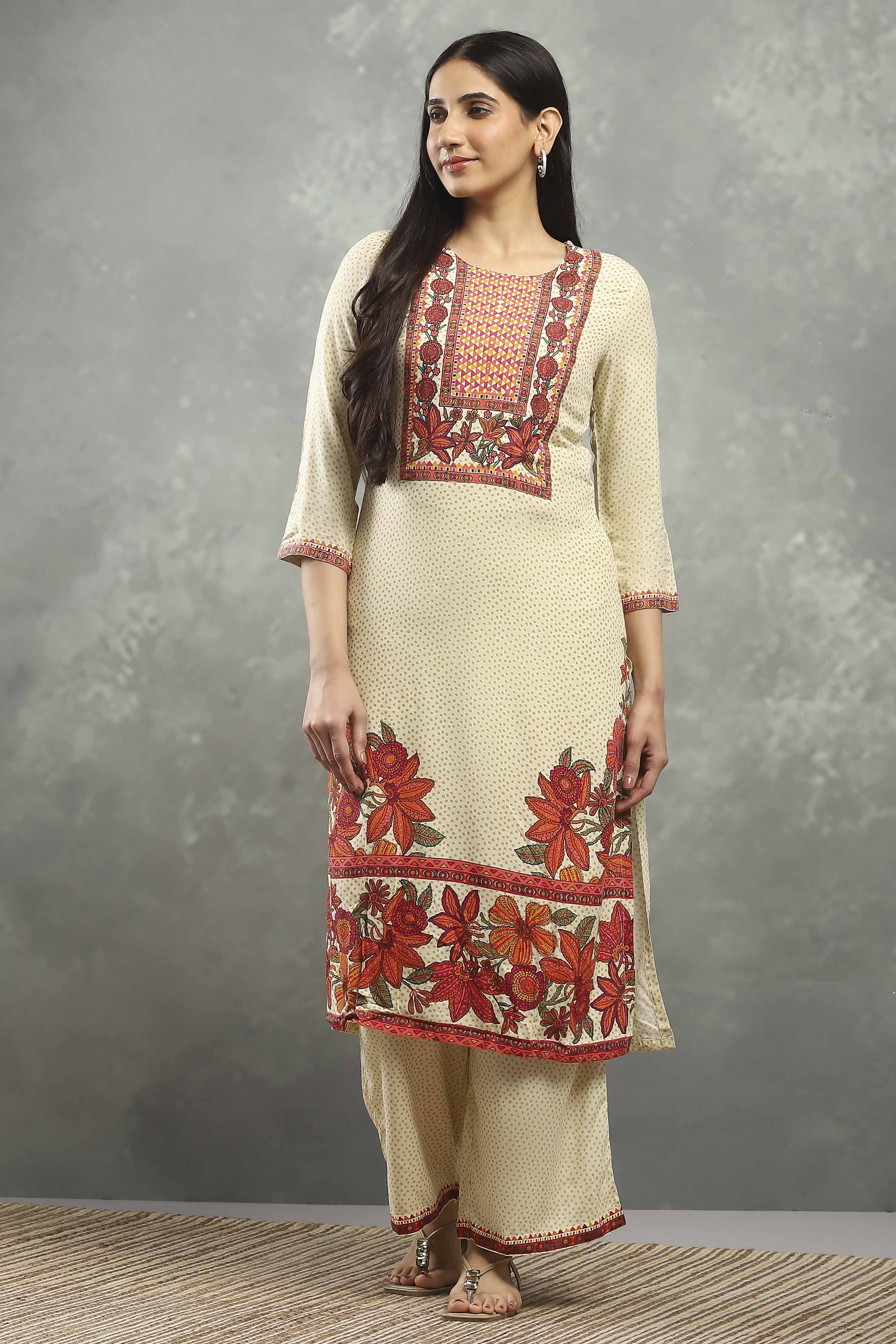 Beige Viscose Straight Kurta Pants Set image number 6