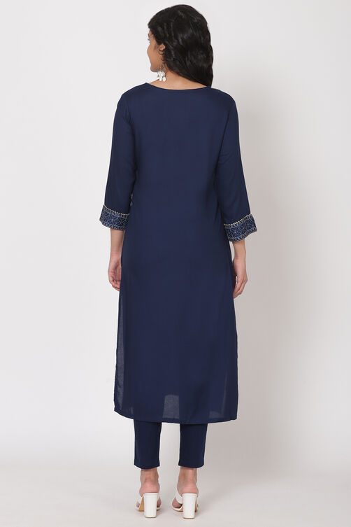 Navy Blue Viscose Rayon Straight Kurta image number 5