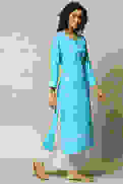 Aqua Blue LIVA Straight Printed Kurta image number 4