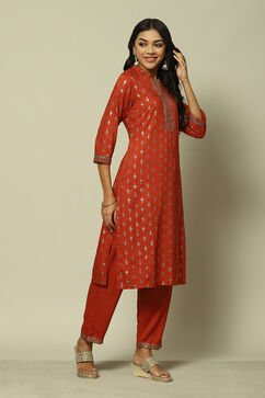 Rust LIVA Blend Straight Printed Kurta Palazzo Suit Set image number 5