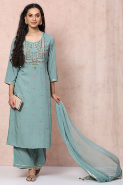 Green Viscose Rayon Straight Suit Set image number 7
