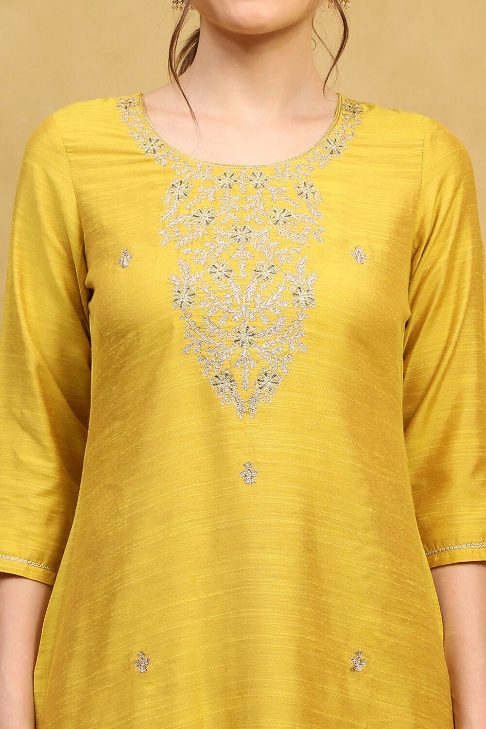 Yellow Viscose Blend Embroidered Straight Suit Set image number 1