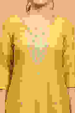 Yellow Viscose Blend Embroidered Straight Suit Set image number 1