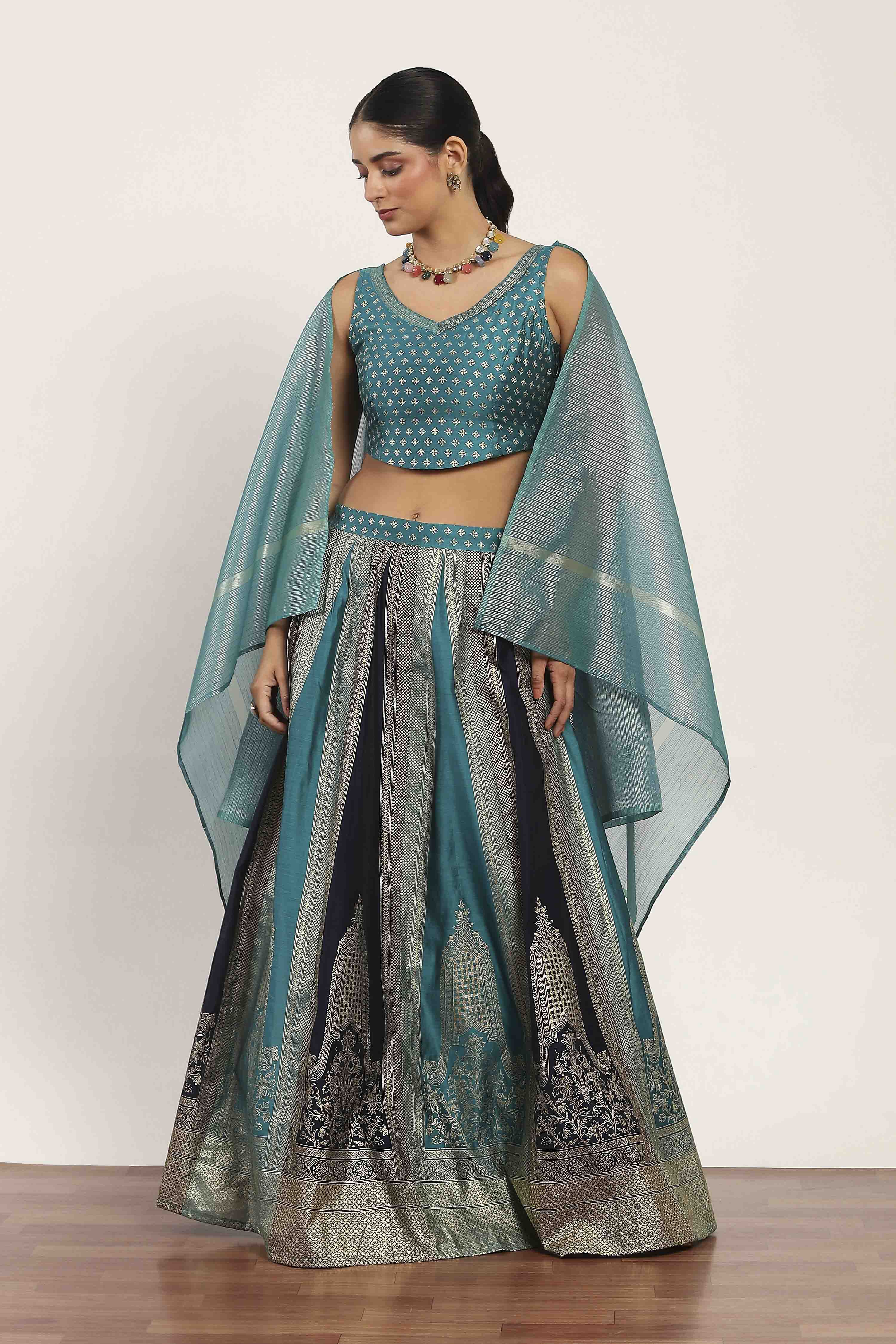 Teal Polyester Kalidar Lehenga Set image number 3