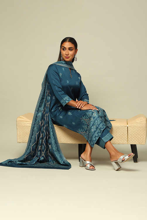 Blue Acrylic Straight Yarn Dyed Kurta Palazzo Suit Set image number 8