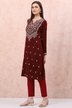 Maroon Acrylic Straight Kurta image number 2