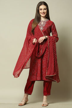 Deep Red Bandhani Straight Kurta & Salwar Suit Set image number 7