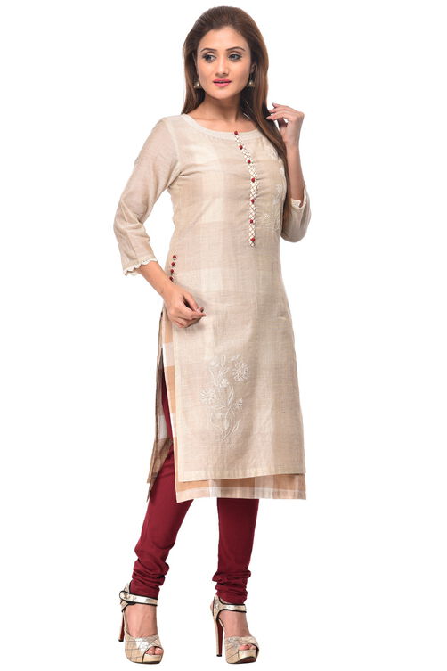 Beige A-Line Cotton Kurta image number 2
