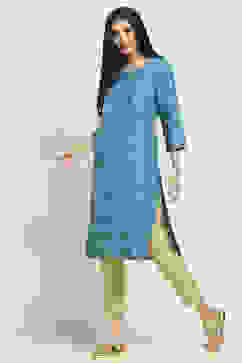 Aqua Viscose Blend Printed Straight Kurta image number 2