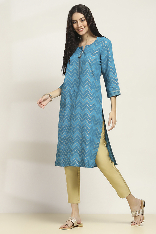 Aqua Viscose Blend Printed Straight Kurta image number 2