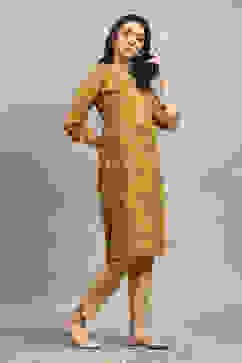 Yellow Viscose Blend Printed Straight Kurta image number 4