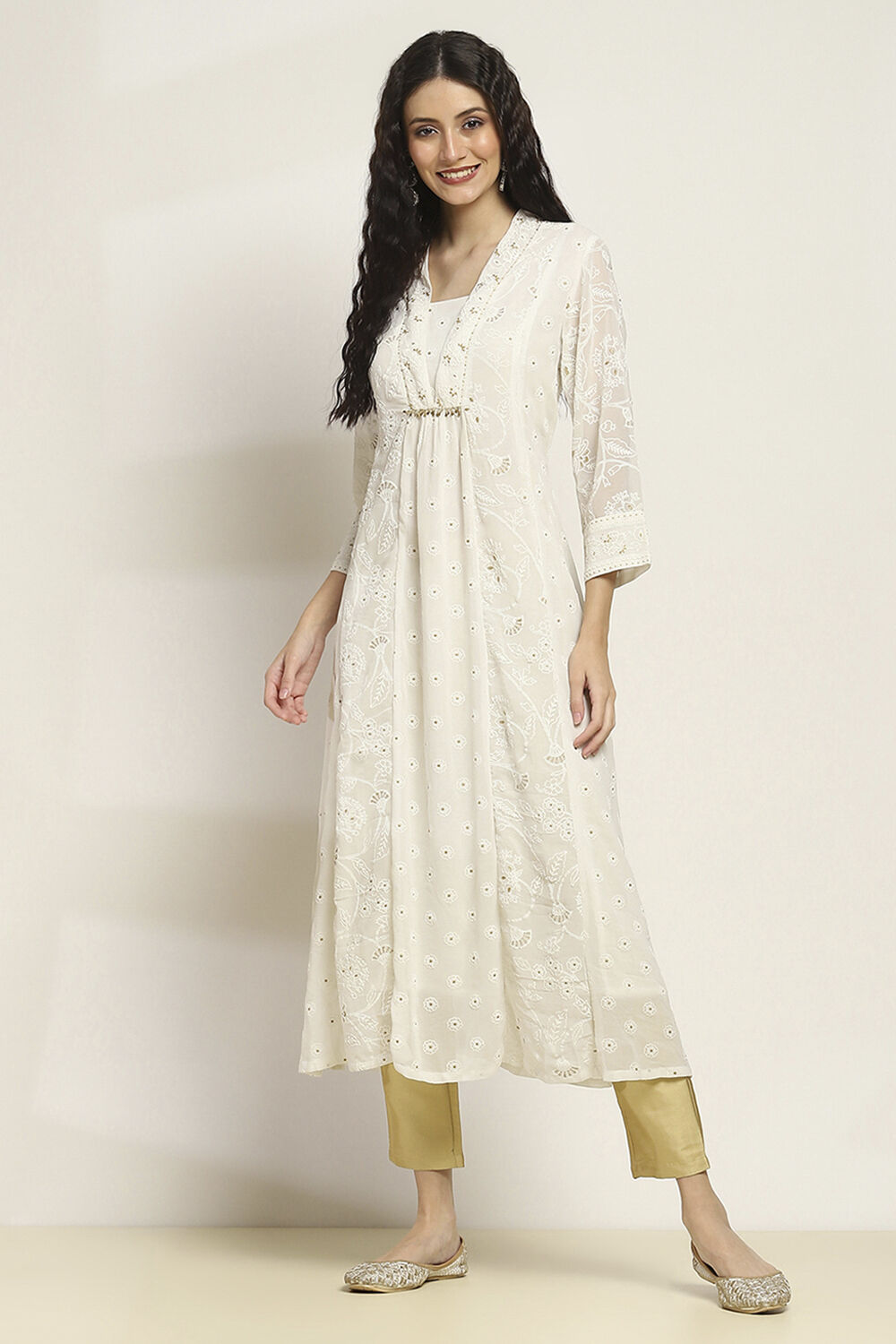 White Printed Flared Kurta image number 5