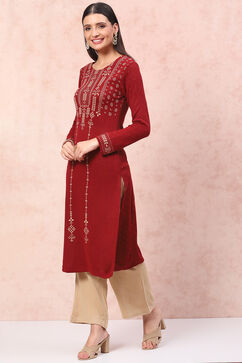 Maroon Acrylic Straight Kurta image number 2