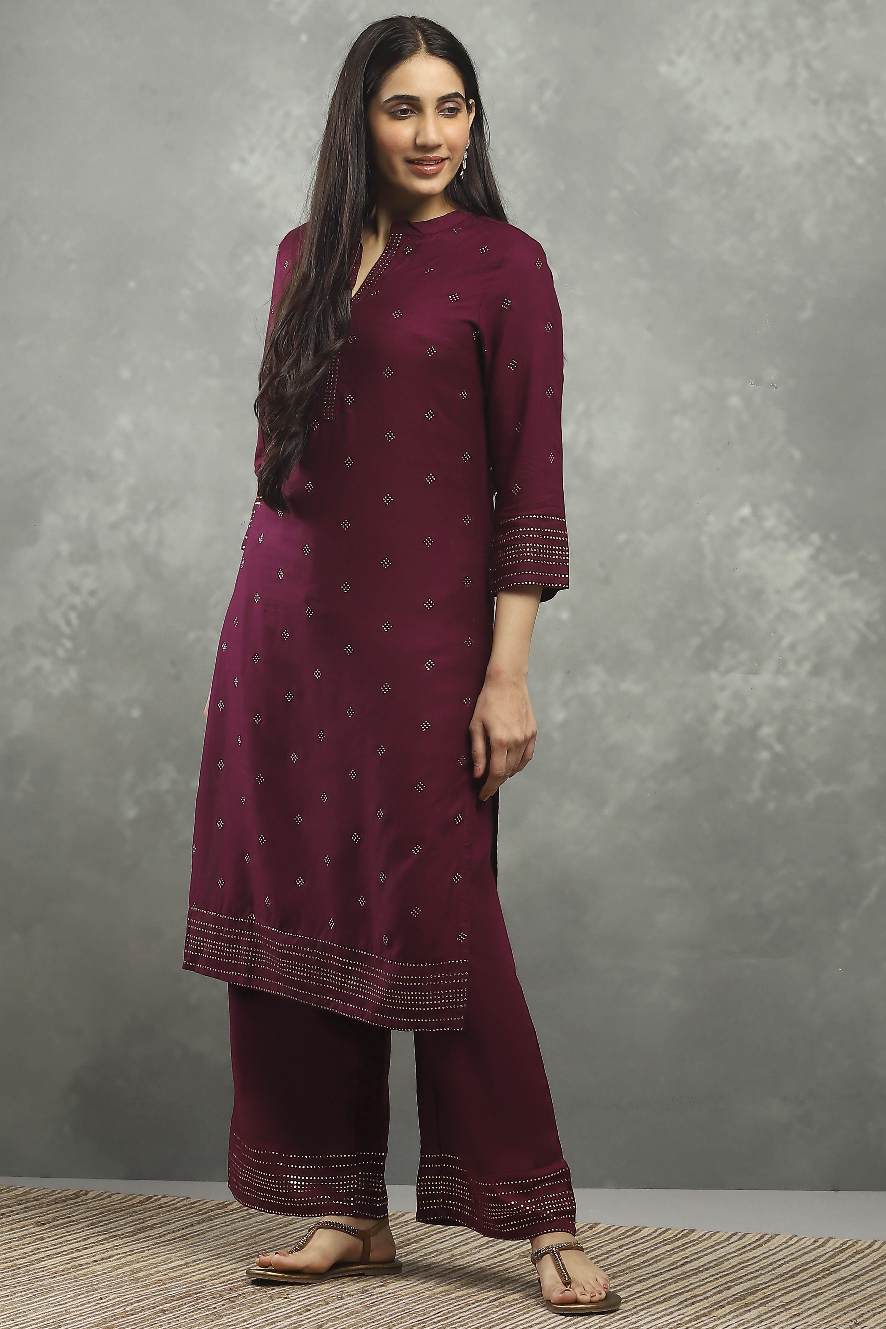 Purple Viscose Straight Kurta Pants Set image number 7