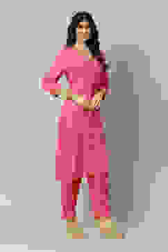 Pink LIVA Straight Printed Kurta Palazzo Suit Set image number 5