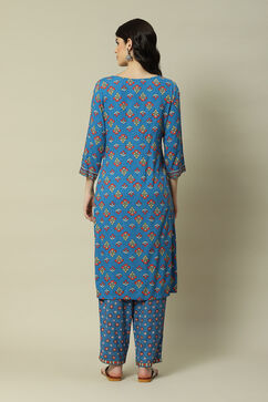 Coblt Blue LIVA Straight Printed Kurta Palazzo Suit Set image number 4