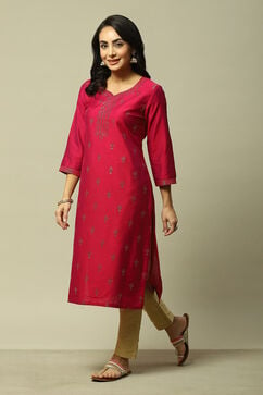 Pink LIVA Straight Printed Kurta image number 2