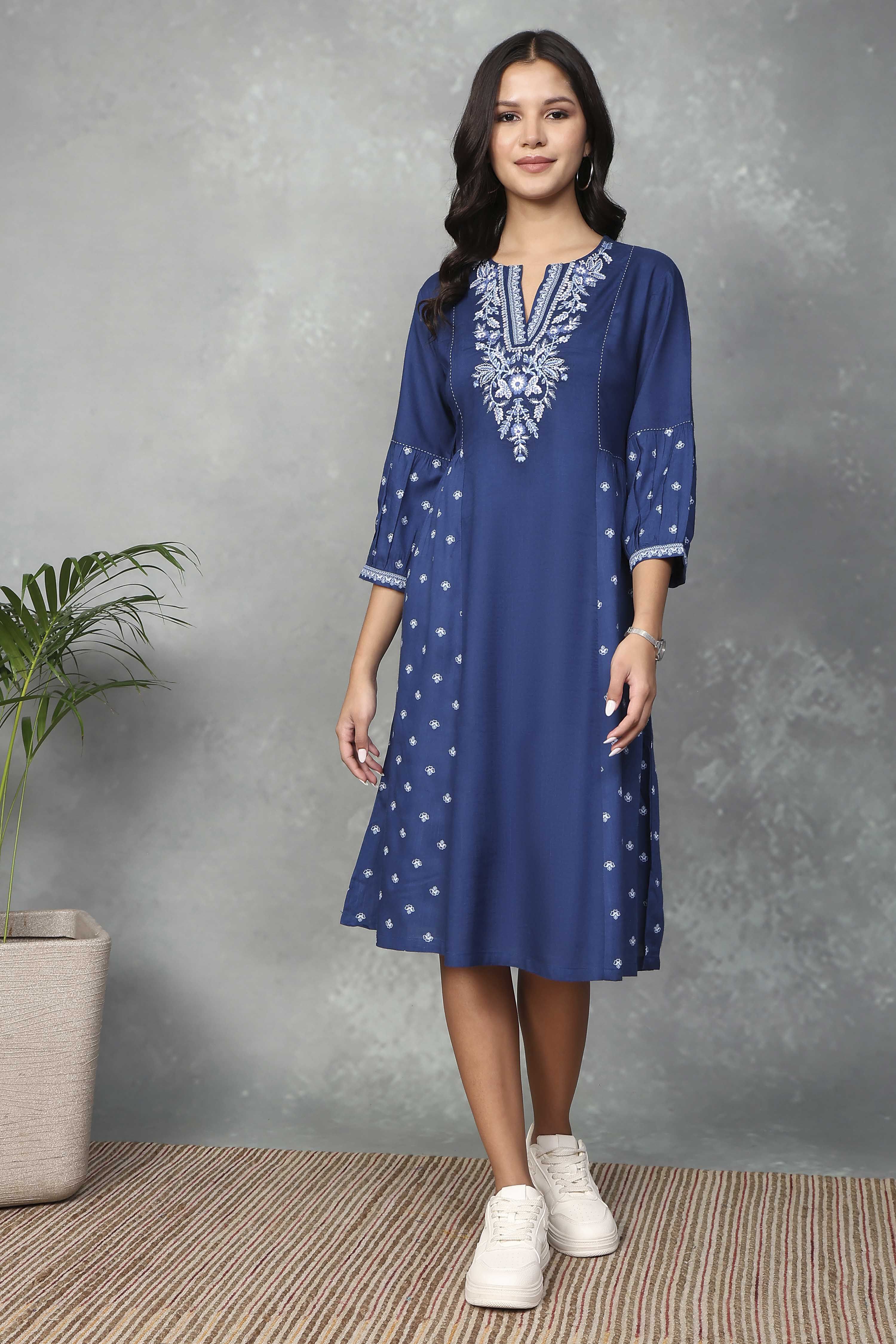 Blue Rayon A-Line Dresses image number 5
