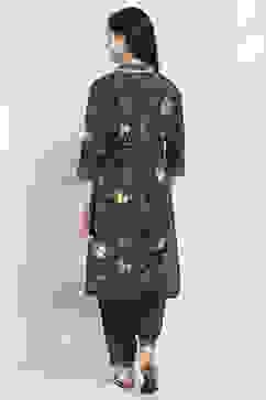 Navy Blue Cotton Floral Printed Straight Suit Set image number 4