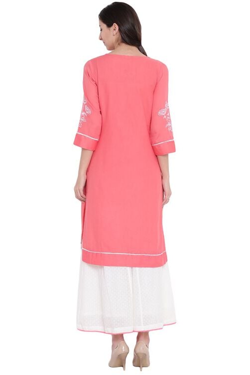 Peach Cotton Straight Kurta image number 4
